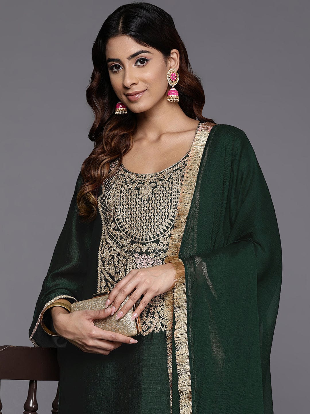 Varanga Women Green Heavy Zari Embroidered Kurta With Bottom And Dupatta