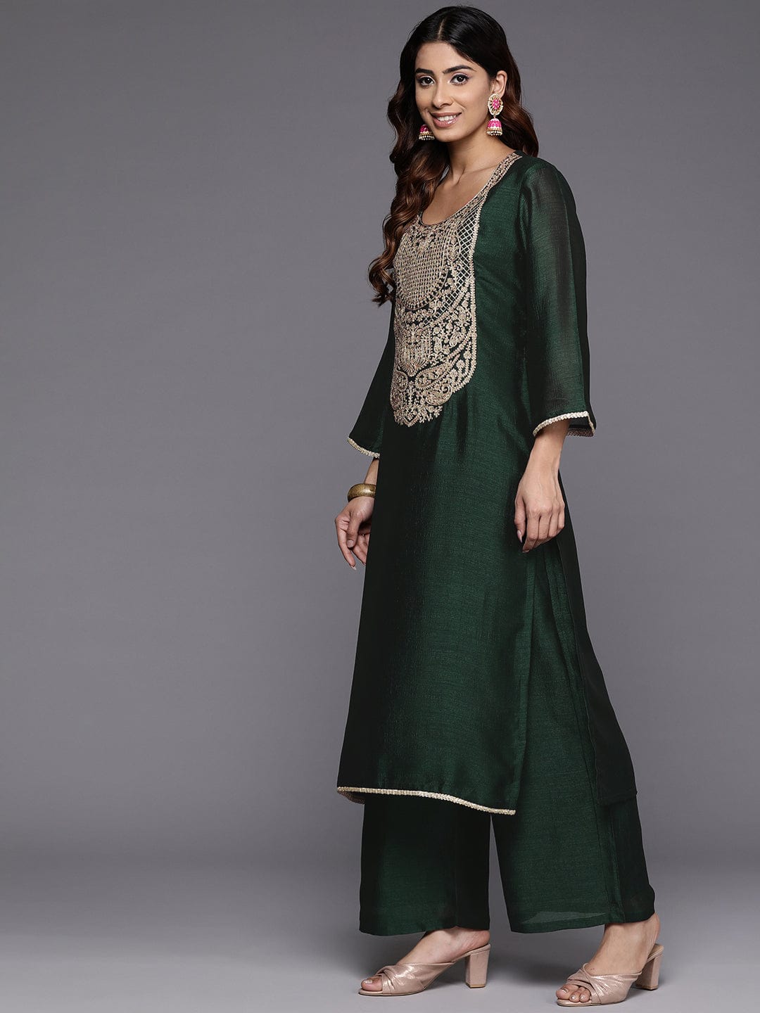 Varanga Women Green Heavy Zari Embroidered Kurta With Bottom And Dupatta