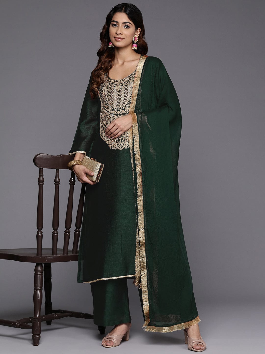 Varanga Women Green Heavy Zari Embroidered Kurta With Bottom And Dupatta
