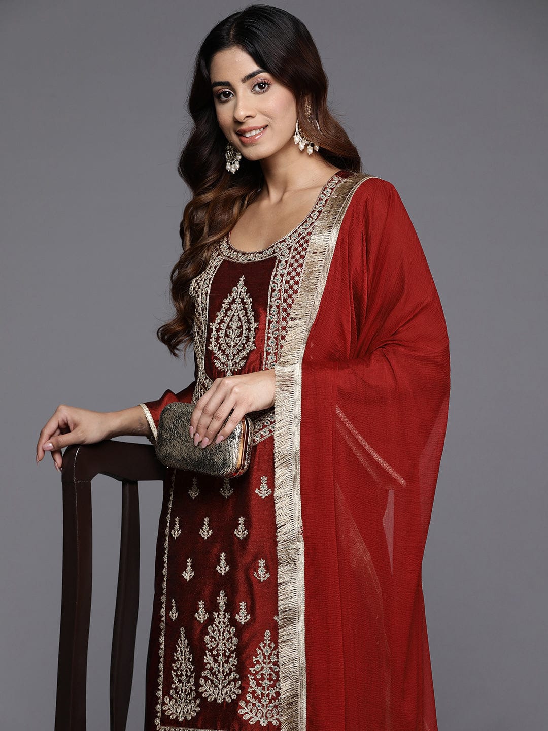 Varanga Women Maroon Zari Embroidered Kurta Paired With Bottom And Dupatta