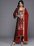 Varanga Women Maroon Zari Embroidered Kurta Paired With Bottom And Dupatta