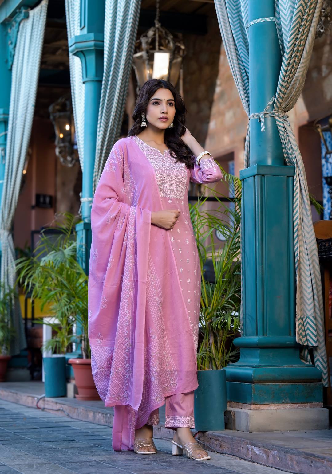 Varanga Women Pink Rubber Printed, Embellished Straight Kurta Paired With Bottom And Dupatta