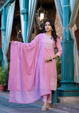Varanga Women Pink Rubber Printed, Embellished Straight Kurta Paired With Bottom And Dupatta