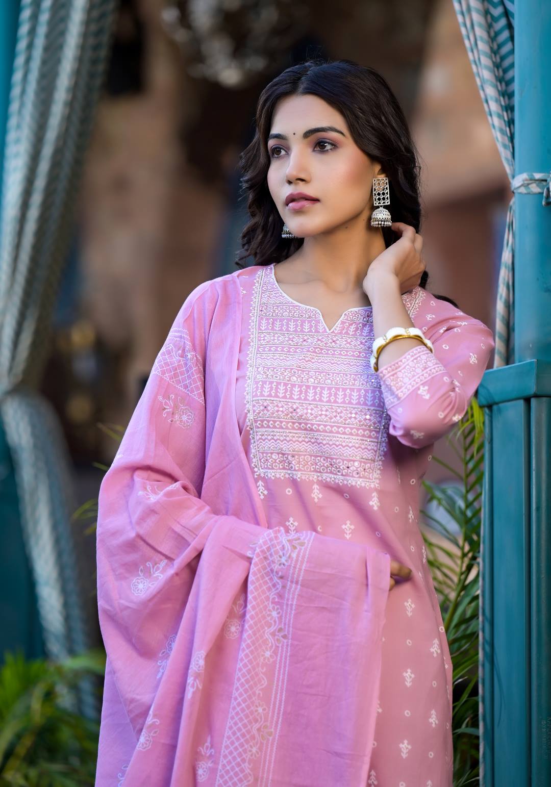 Varanga Women Pink Rubber Printed, Embellished Straight Kurta Paired With Bottom And Dupatta