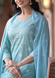 Varanga Women Sea Green Rubber Printed, Mirror Embellished Straight Kurta Paired With Bottom And Dupatta