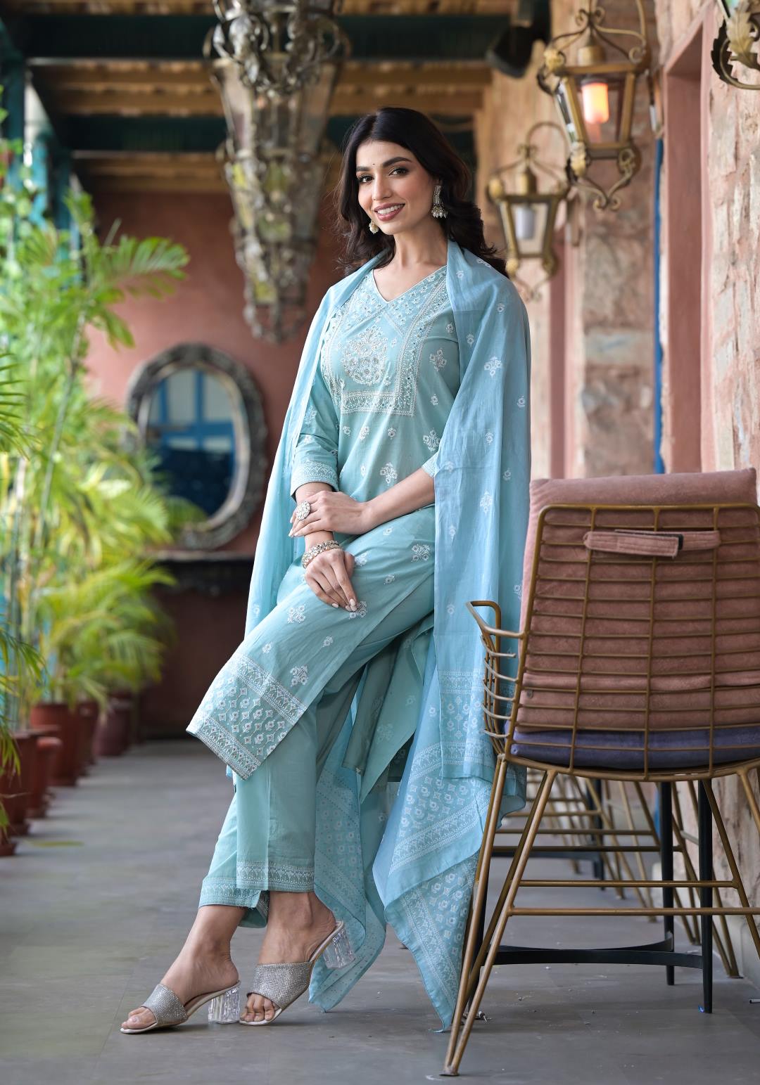 Varanga Women Sea Green Rubber Printed, Mirror Embellished Straight Kurta Paired With Bottom And Dupatta