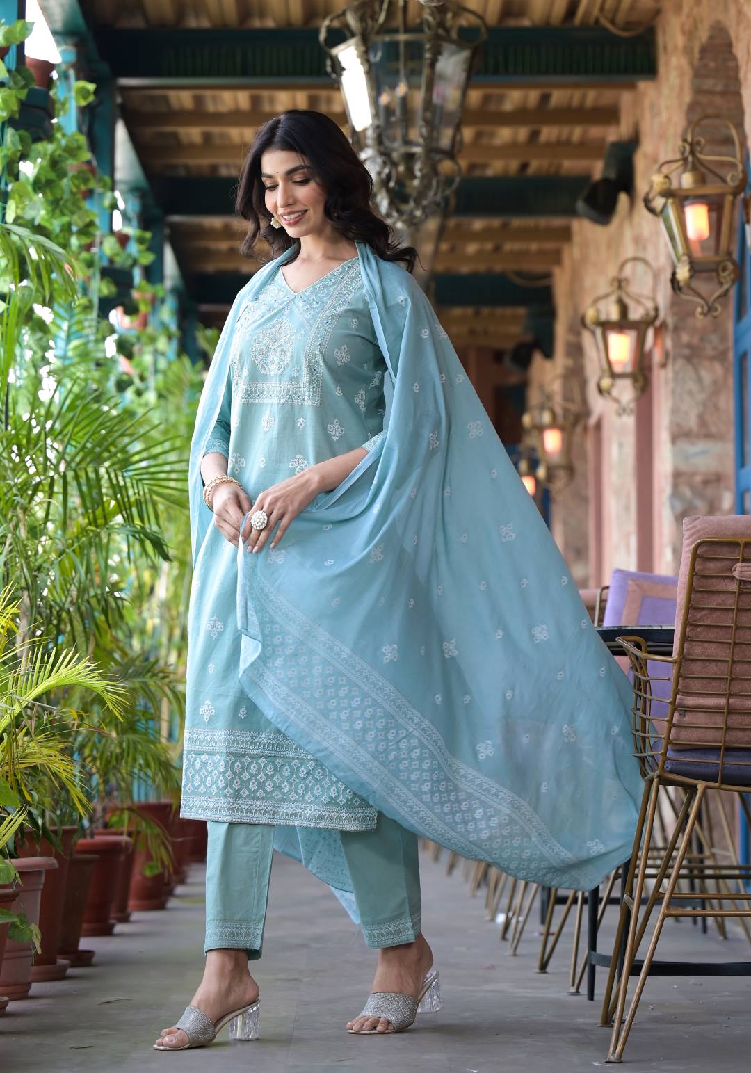 Varanga Women Sea Green Rubber Printed, Mirror Embellished Straight Kurta Paired With Bottom And Dupatta