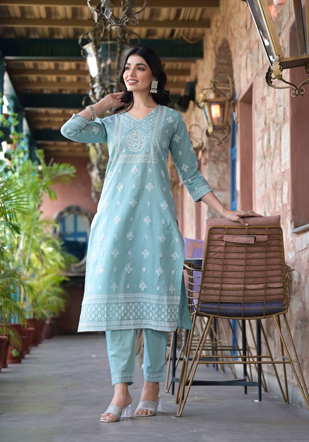 Varanga Women Sea Green Rubber Printed, Mirror Embellished Straight Kurta Paired With Bottom And Dupatta