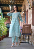 Varanga Women Sea Green Rubber Printed, Mirror Embellished Straight Kurta Paired With Bottom And Dupatta