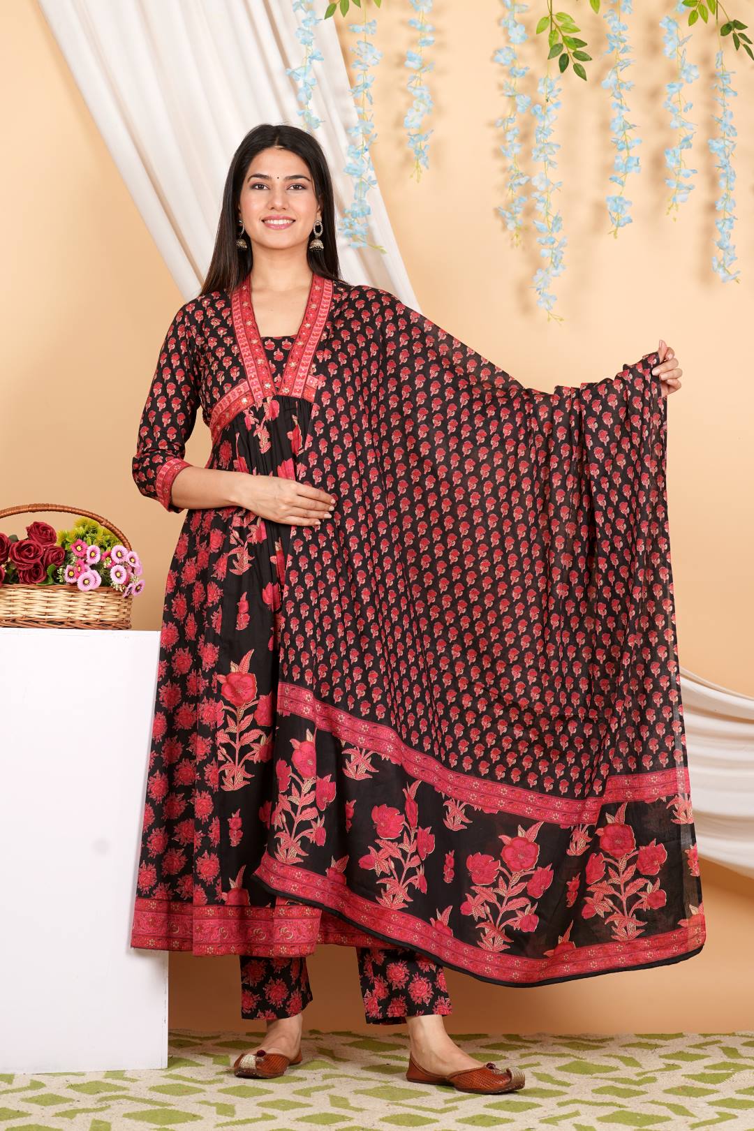 Varanga Women Floral Printed Embellished Panelled Anarkali Kurta Paired With Printed Bottom And Dupatta