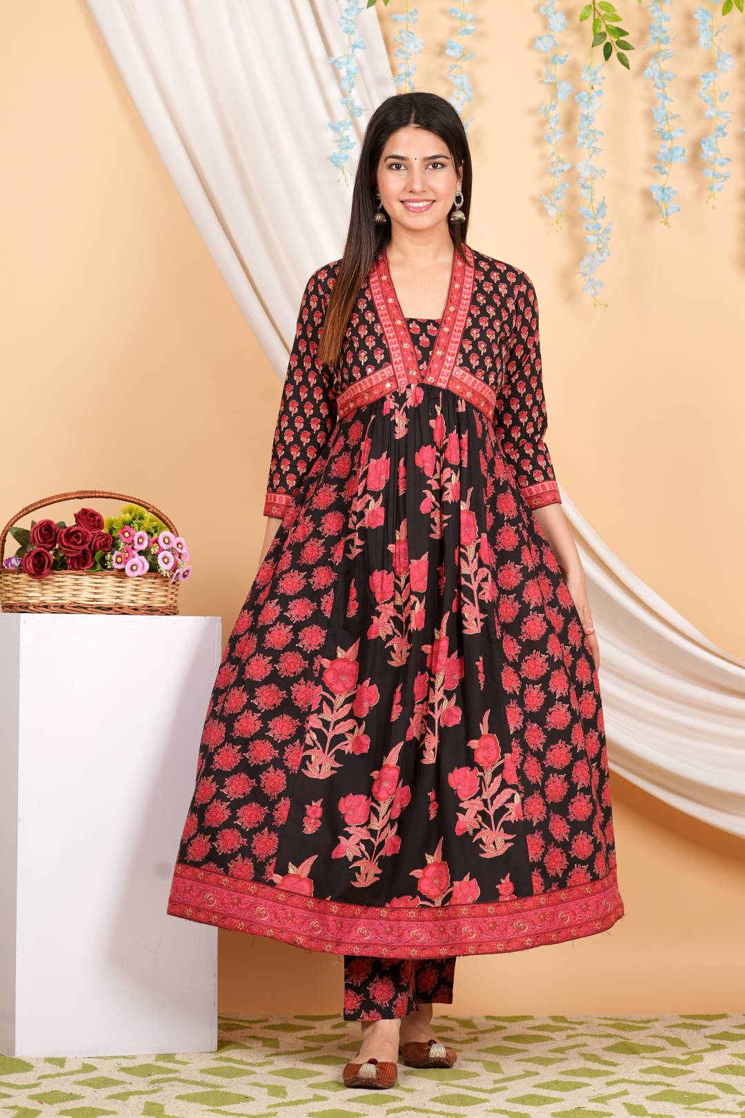 Varanga Women Floral Printed Embellished Panelled Anarkali Kurta Paired With Printed Bottom And Dupatta