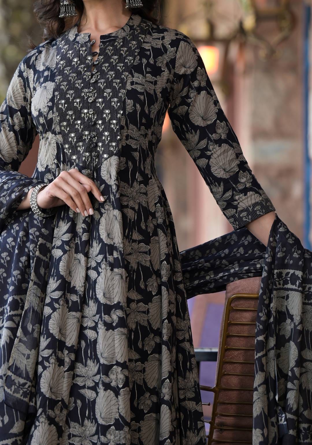 Varanga Women Black Mandarin Collar Embellished Yoke Three-Quarter Sleeves Paired With Printed Bottom And Dupatta