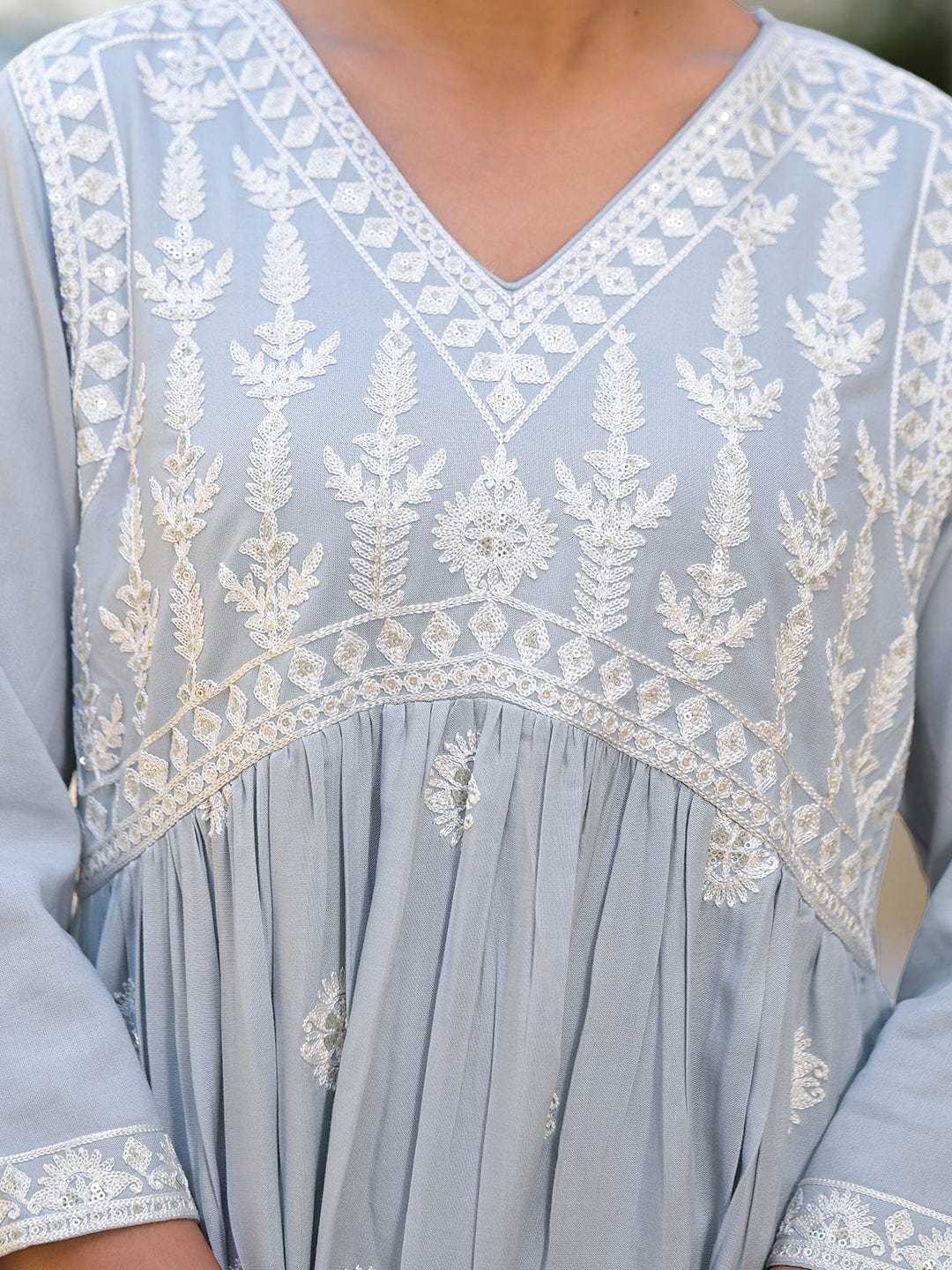 Varanga Women V Neck Embroiderd A Line Kurta Paired With Tonal Bottom And Chiffon Dupatta