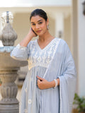 Varanga Women V Neck Embroiderd A Line Kurta Paired With Tonal Bottom And Chiffon Dupatta