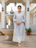 Varanga Women V Neck Embroiderd A Line Kurta Paired With Tonal Bottom And Chiffon Dupatta