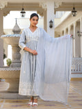 Varanga Women V Neck Embroiderd A Line Kurta Paired With Tonal Bottom And Chiffon Dupatta