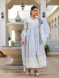 Varanga Women V Neck Embroiderd A Line Kurta Paired With Tonal Bottom And Chiffon Dupatta