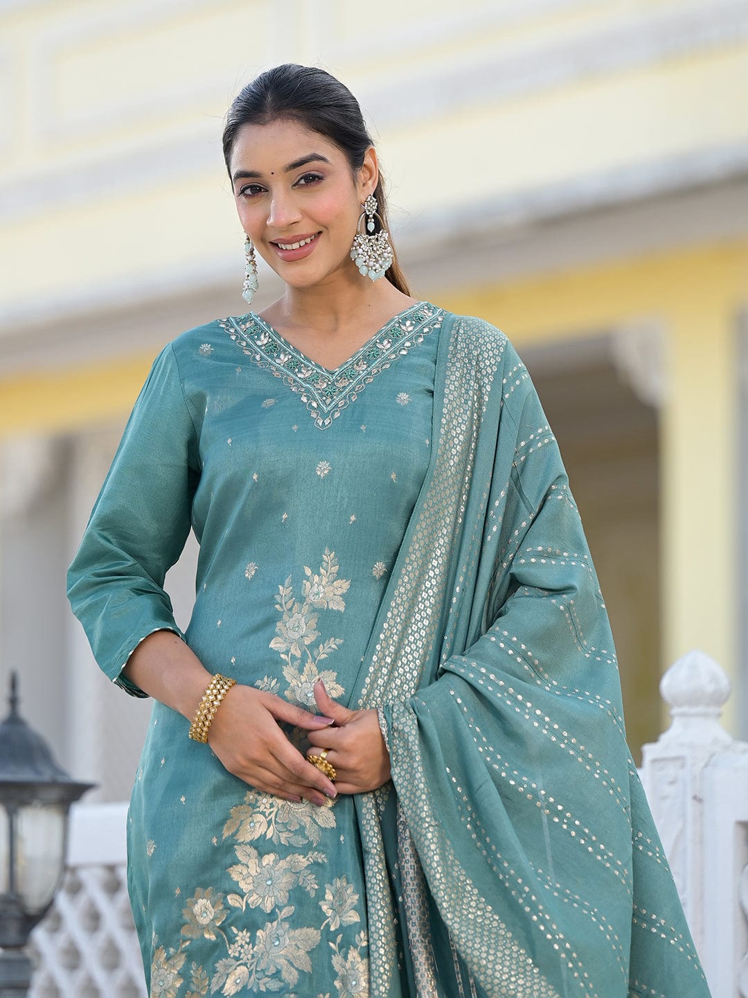 Varanga Women V Neck Gotta Patti Embroiderd Kurta Paired With Tonal Bottom And Dupatta