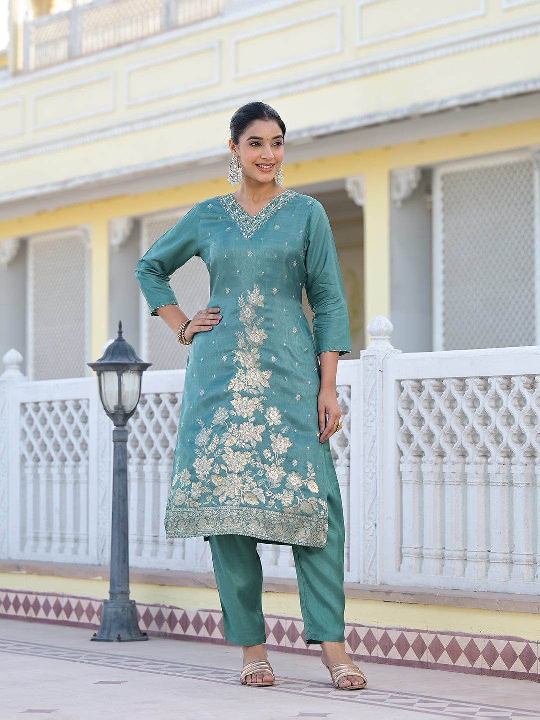Varanga Women V Neck Gotta Patti Embroiderd Kurta Paired With Tonal Bottom And Dupatta