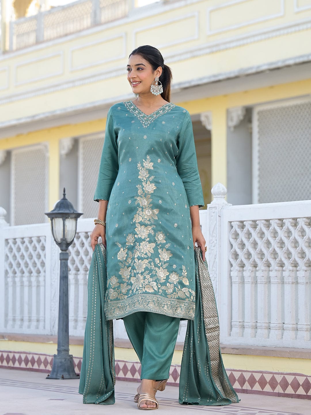 Varanga Women V Neck Gotta Patti Embroiderd Kurta Paired With Tonal Bottom And Dupatta