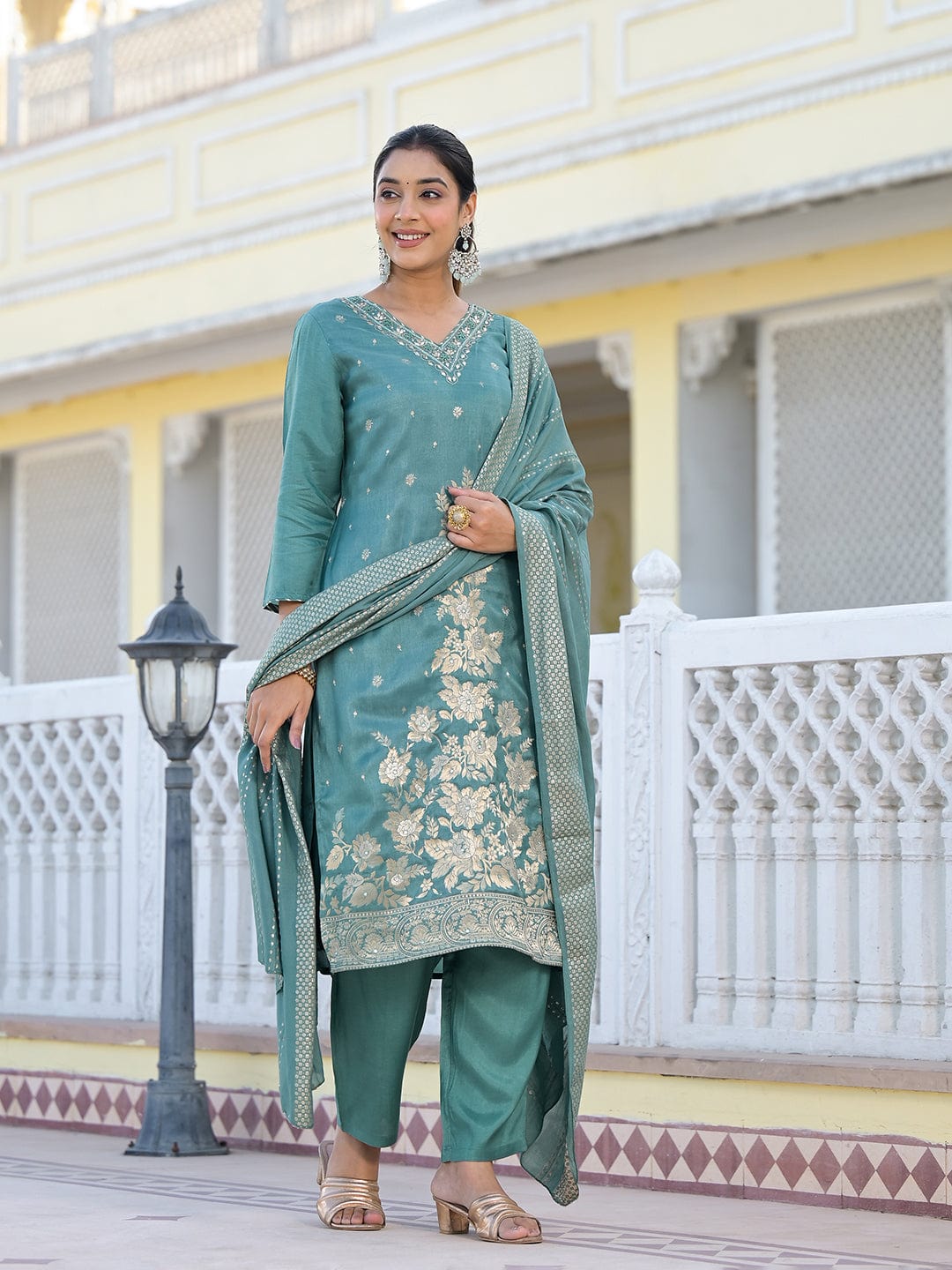 Varanga Women V Neck Gotta Patti Embroiderd Kurta Paired With Tonal Bottom And Dupatta