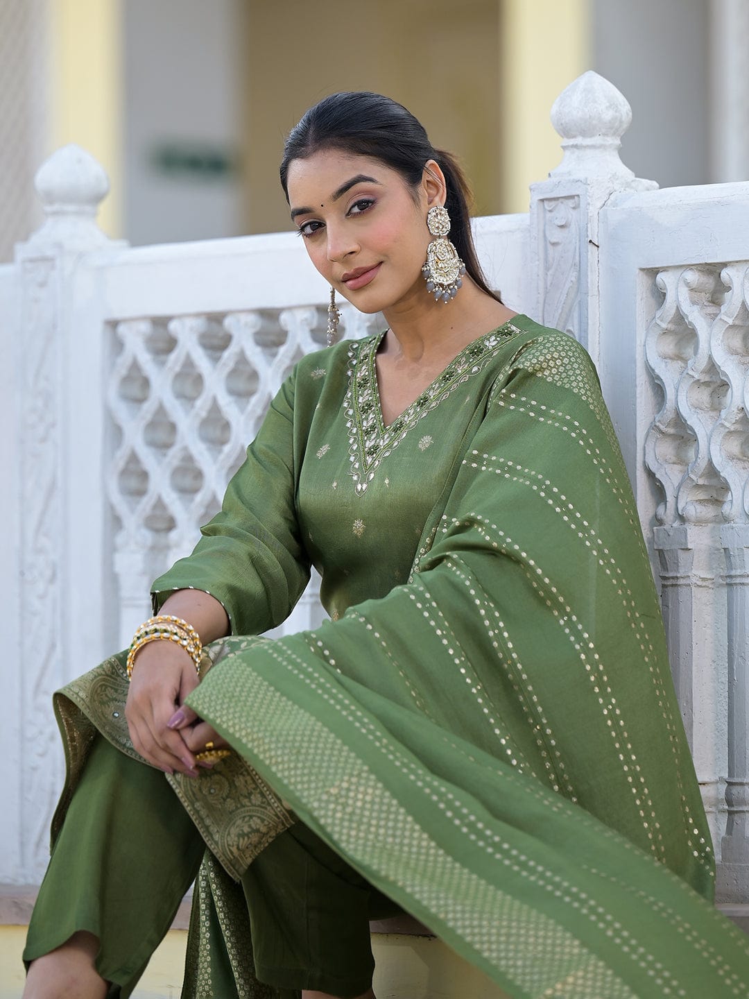 Varanga Women V Neck Gotta Patti Embroidered Kurta Paired With Tonal Bottom And Dupatta