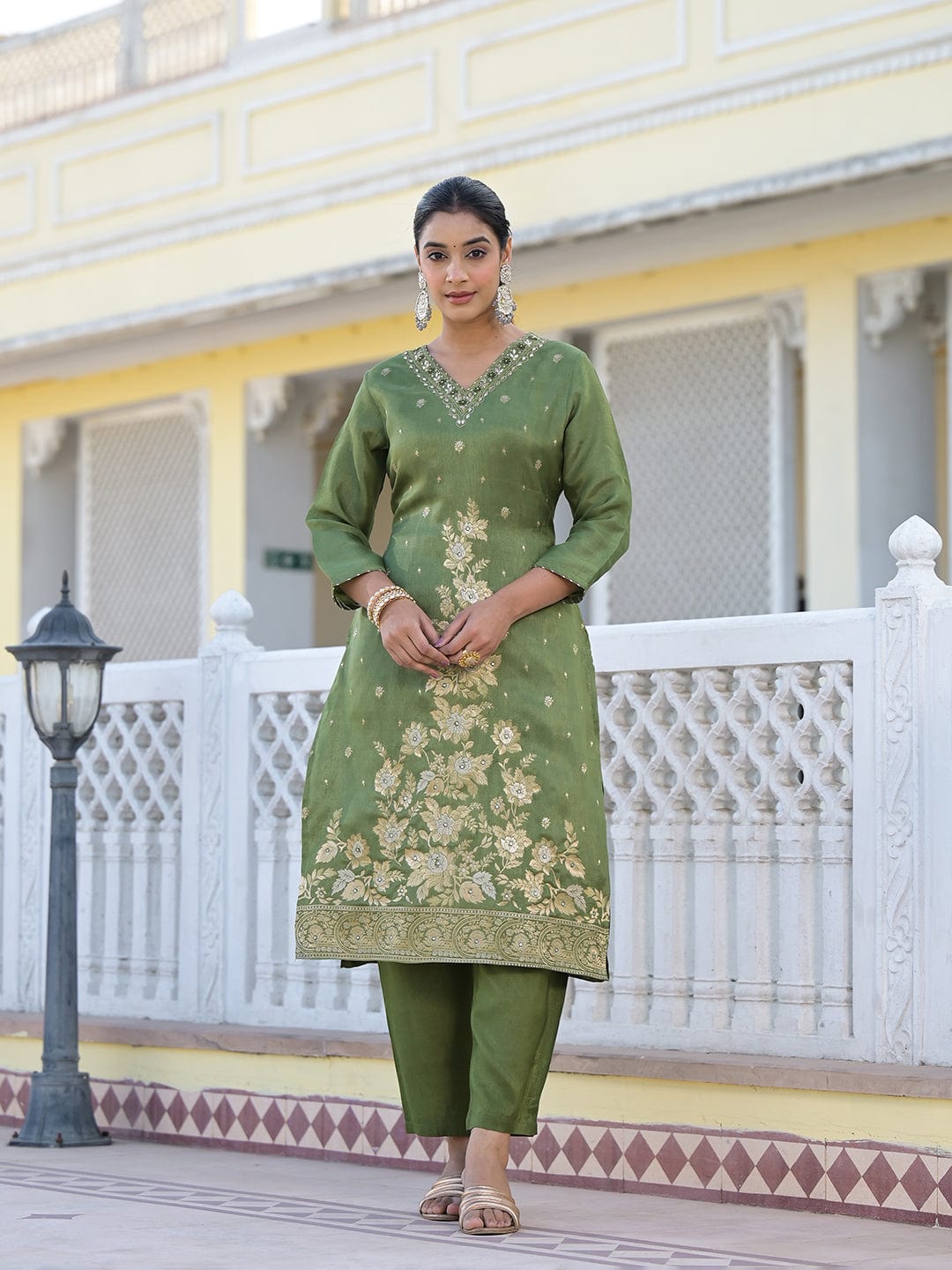 Varanga Women V Neck Gotta Patti Embroidered Kurta Paired With Tonal Bottom And Dupatta