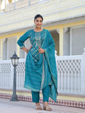 Varanga Women Round Neck Embellished Woven Design Kurta Paired With Bottom And Dupatta