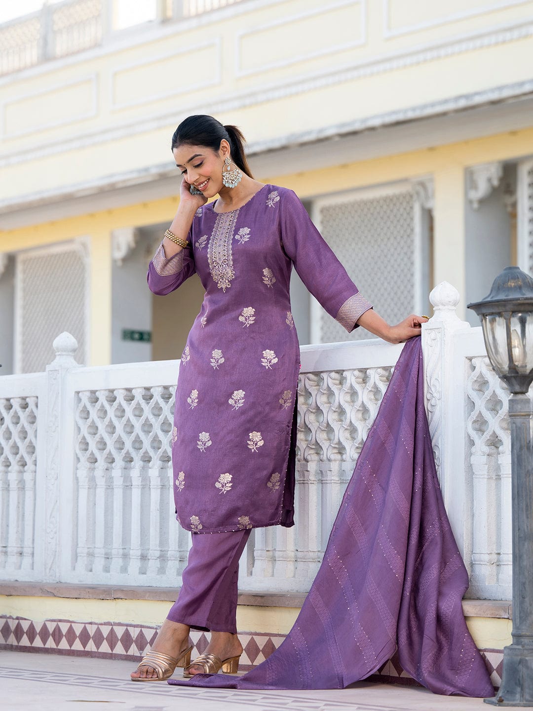 Varanga Women Round Neck Woven Design Kurta Paired With Bottom And Dupatta