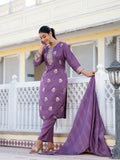 Varanga Women Round Neck Woven Design Kurta Paired With Bottom And Dupatta