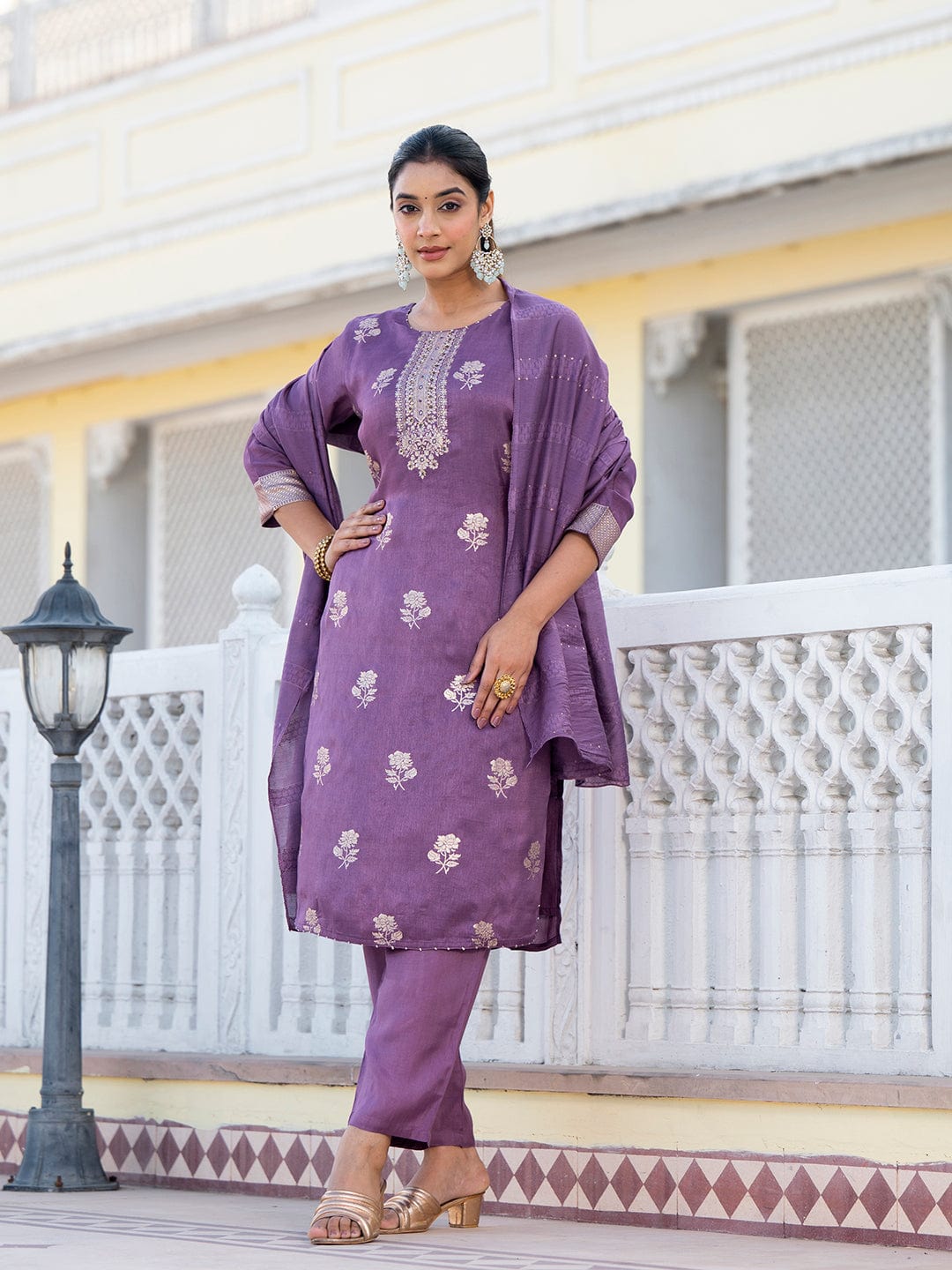 Varanga Women Round Neck Woven Design Kurta Paired With Bottom And Dupatta