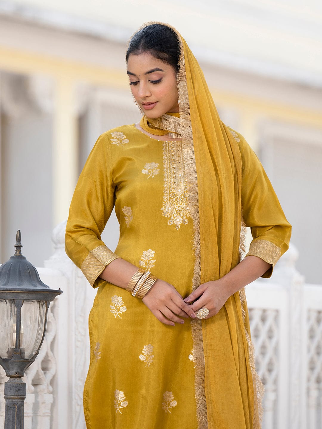 Varanga Women Round Neck Woven Design Kurta Paired With Bottom And Dupatta
