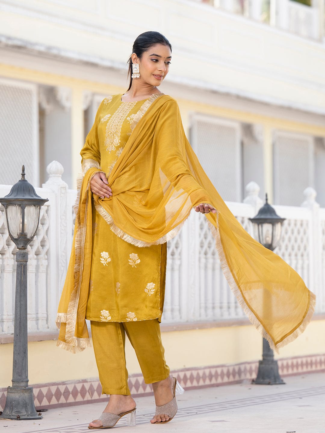 Varanga Women Round Neck Woven Design Kurta Paired With Bottom And Dupatta