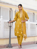 Varanga Women Round Neck Woven Design Kurta Paired With Bottom And Dupatta