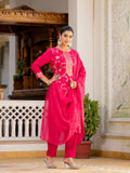 Varanga Women Round Neck Woven Design Kurta Paired With Bottom And Dupatta