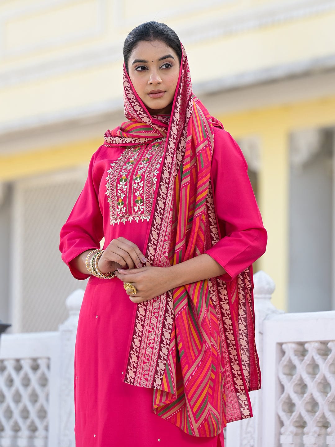 Varanga Women Round Neck Gotta Patti Embroidered Kurta Paired With Bottom And Printed Dupatta