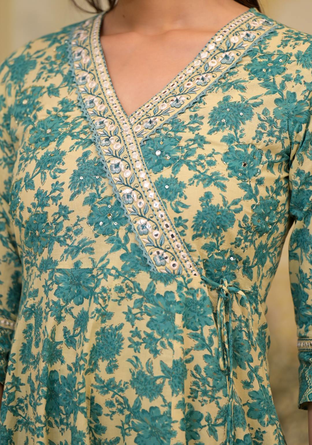 Varanga Women Floral Printed V-Neck Mirror Embellished Angrakha Anarkali Kurta Paired With Printed Bottom And Dupatta