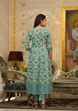 Varanga Women Floral Printed V-Neck Mirror Embellished Angrakha Anarkali Kurta Paired With Printed Bottom And Dupatta