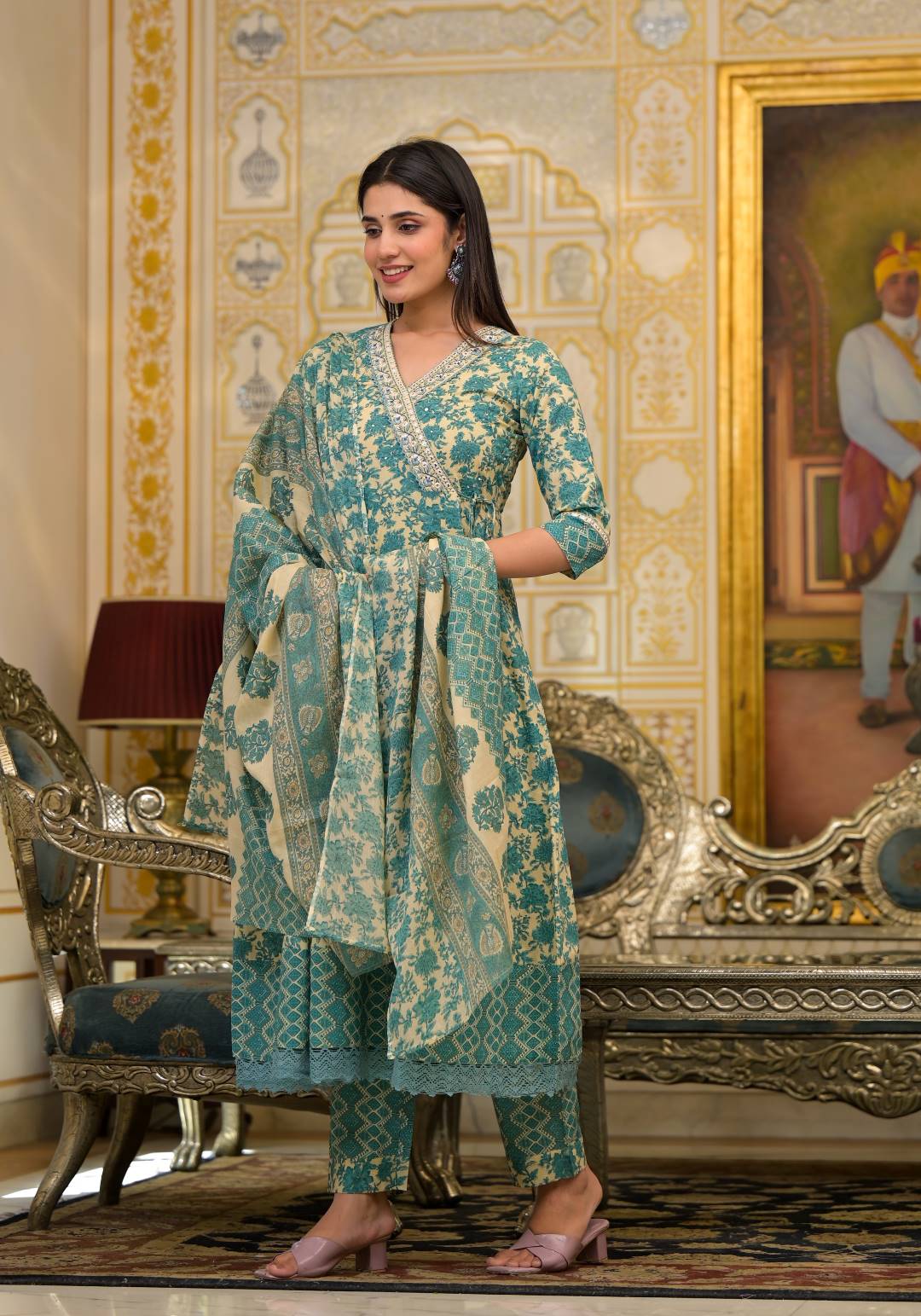 Varanga Women Floral Printed V-Neck Mirror Embellished Angrakha Anarkali Kurta Paired With Printed Bottom And Dupatta