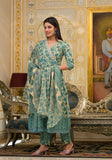 Varanga Women Floral Printed V-Neck Mirror Embellished Angrakha Anarkali Kurta Paired With Printed Bottom And Dupatta