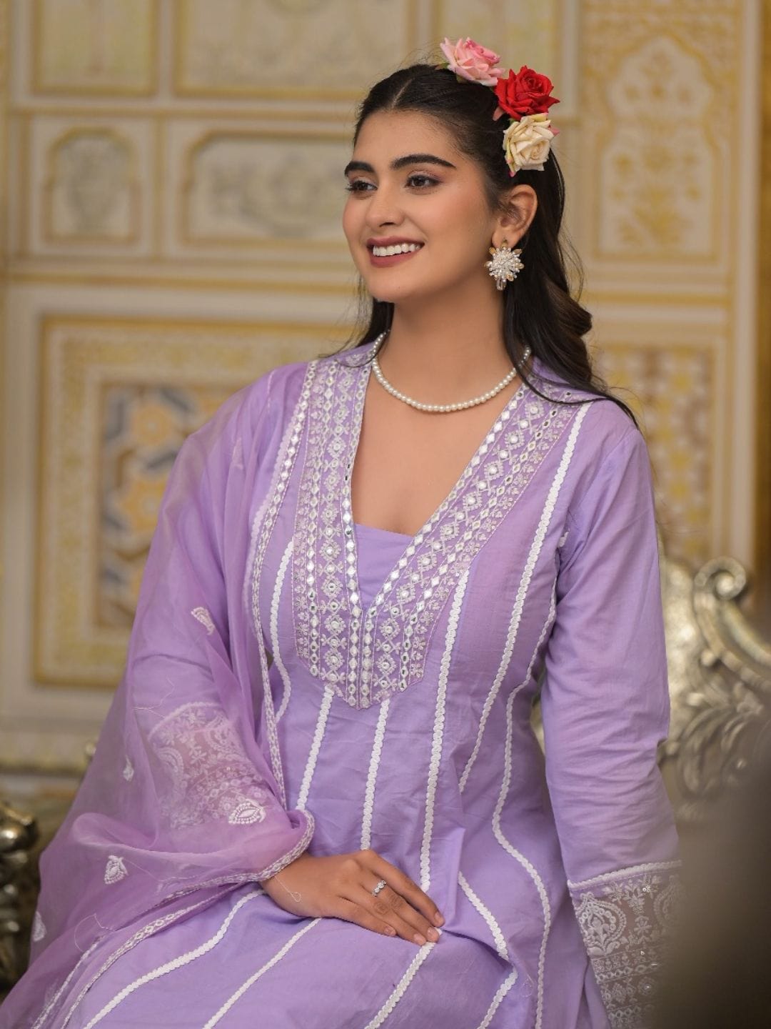 Varanga Women Lavender V-Neck Embroidered, Cotton Lace Detailed Anarkali Kurta Paired With Palazzo & Embroidered Dupatta