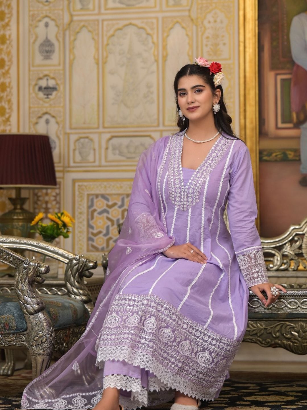 Varanga Women Lavender V-Neck Embroidered, Cotton Lace Detailed Anarkali Kurta Paired With Palazzo & Embroidered Dupatta