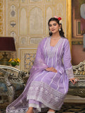 Varanga Women Lavender V-Neck Embroidered, Cotton Lace Detailed Anarkali Kurta Paired With Palazzo & Embroidered Dupatta