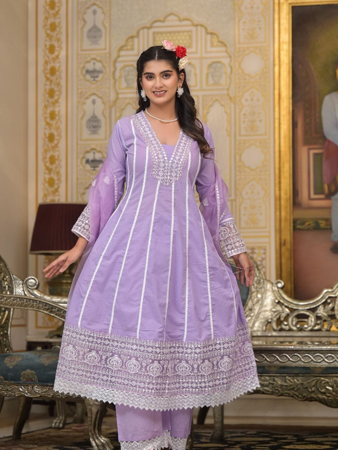 Varanga Women Lavender V-Neck Embroidered, Cotton Lace Detailed Anarkali Kurta Paired With Palazzo & Embroidered Dupatta