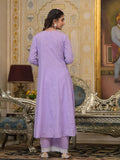 Varanga Women Lavender V-Neck Embroidered, Cotton Lace Detailed Anarkali Kurta Paired With Palazzo & Embroidered Dupatta