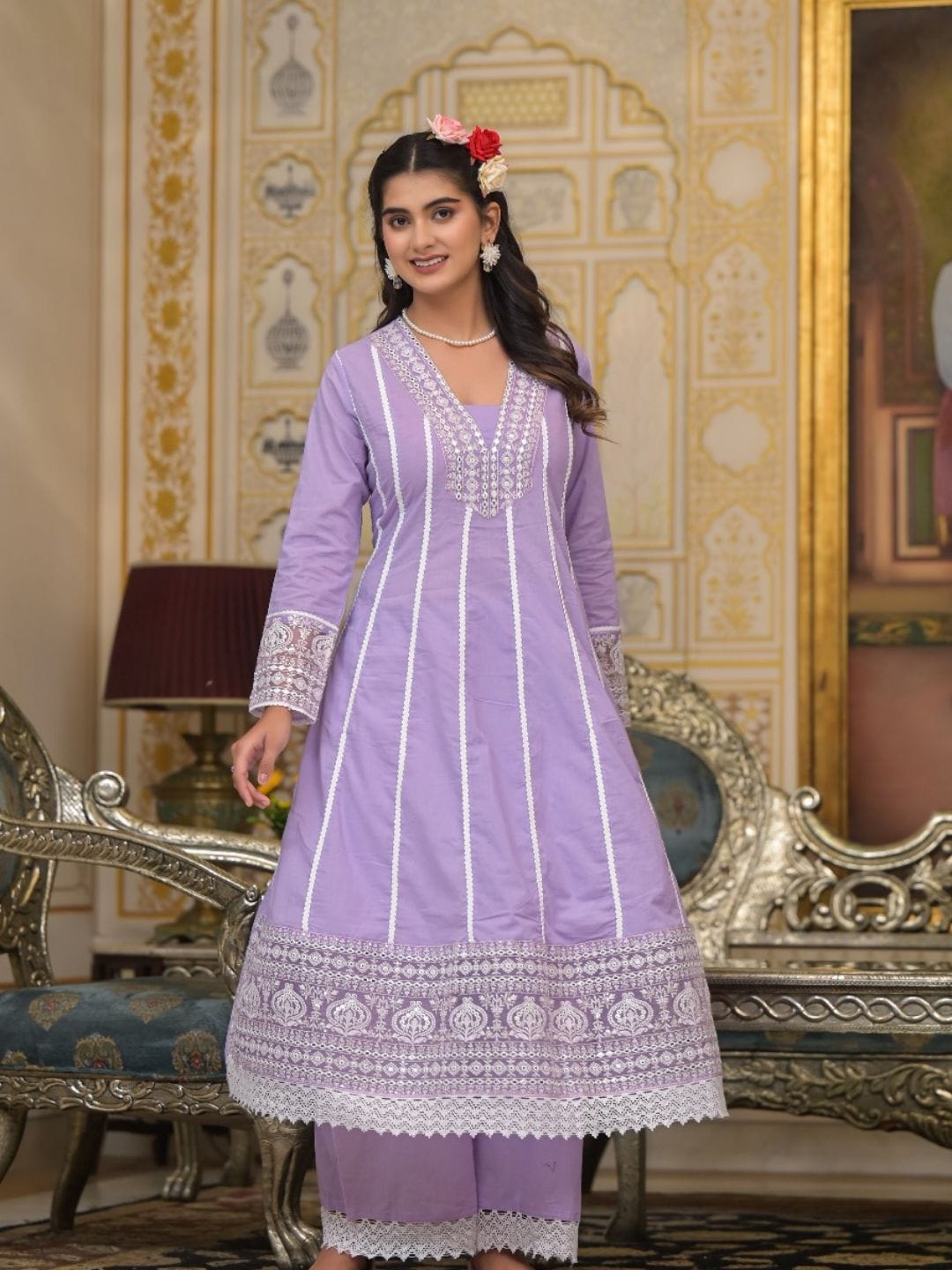 Varanga Women Lavender V-Neck Embroidered, Cotton Lace Detailed Anarkali Kurta Paired With Palazzo & Embroidered Dupatta