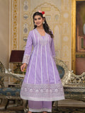Varanga Women Lavender V-Neck Embroidered, Cotton Lace Detailed Anarkali Kurta Paired With Palazzo & Embroidered Dupatta