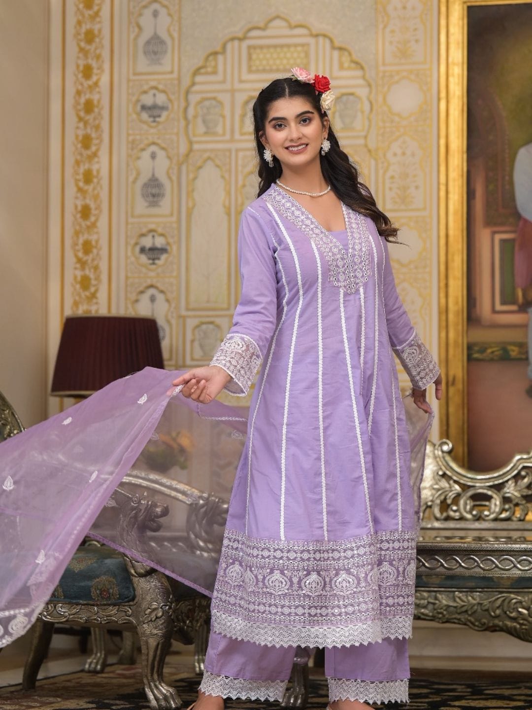 Varanga Women Lavender V-Neck Embroidered, Cotton Lace Detailed Anarkali Kurta Paired With Palazzo & Embroidered Dupatta