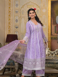 Varanga Women Lavender V-Neck Embroidered, Cotton Lace Detailed Anarkali Kurta Paired With Palazzo & Embroidered Dupatta