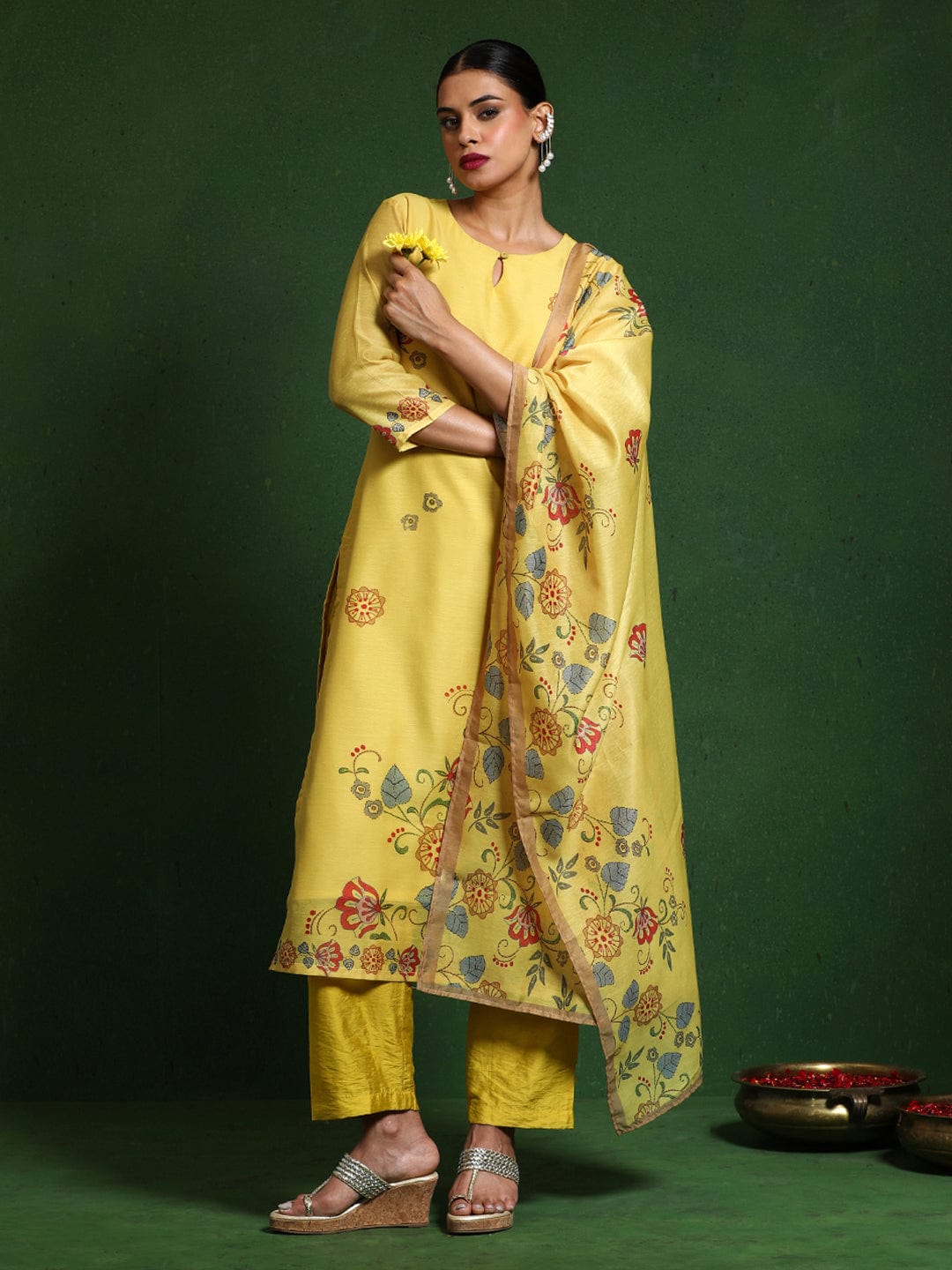 Varanga Women Floral Embroidered Sequinned Chanderi Silk Kurta with Trousers & Dupatta